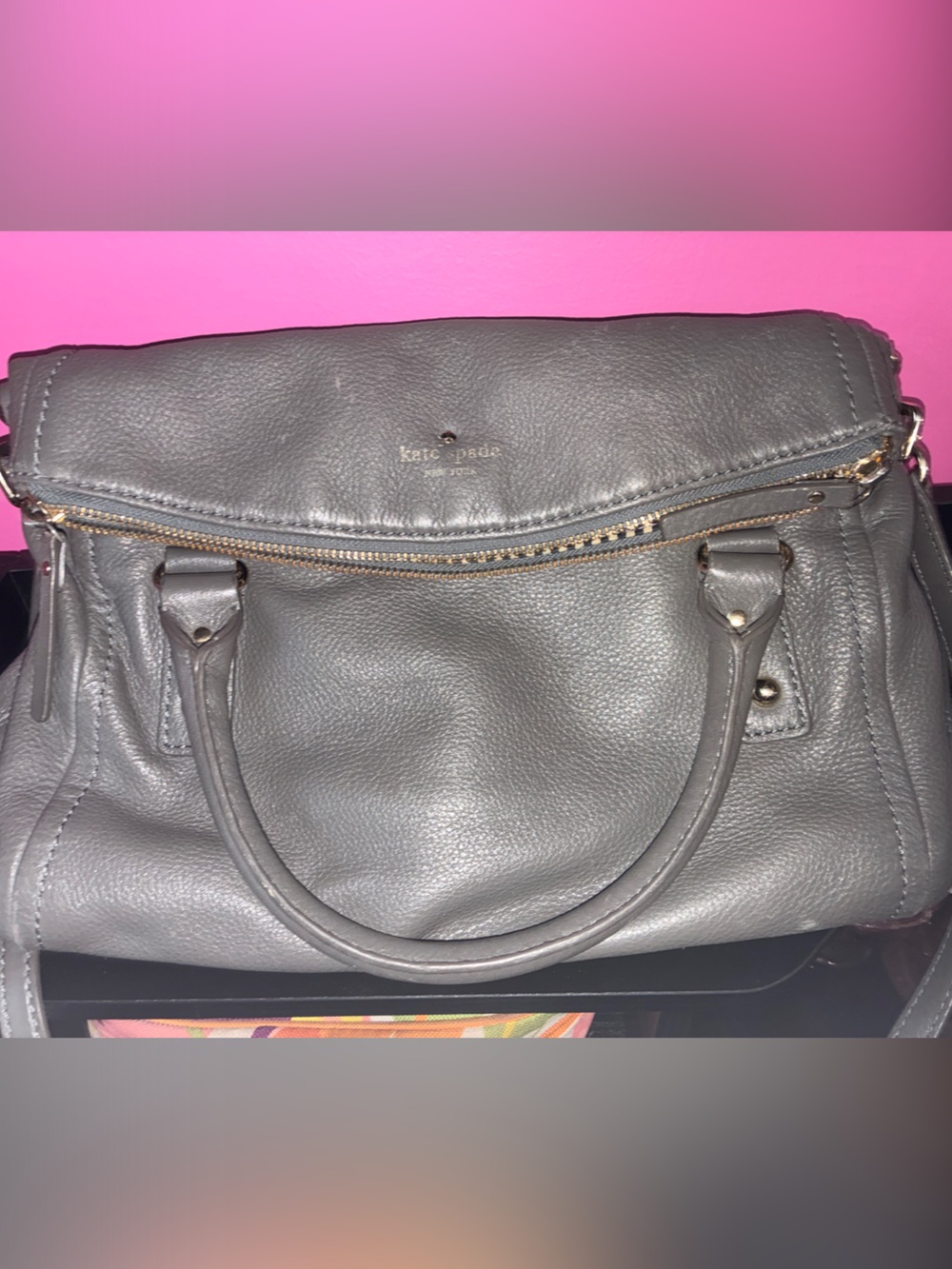 kate spade Gray Pebbled Leather Satchel with Gold Hardware